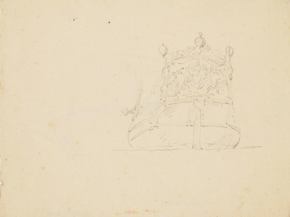 A very faint drawing of a ship, viewed from the rear and featuring the vessel's highly decorated stern. The sketch is rough and the paper faded to yellow with age